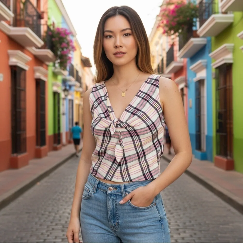 Zara checked twist front sleeveless crop top m